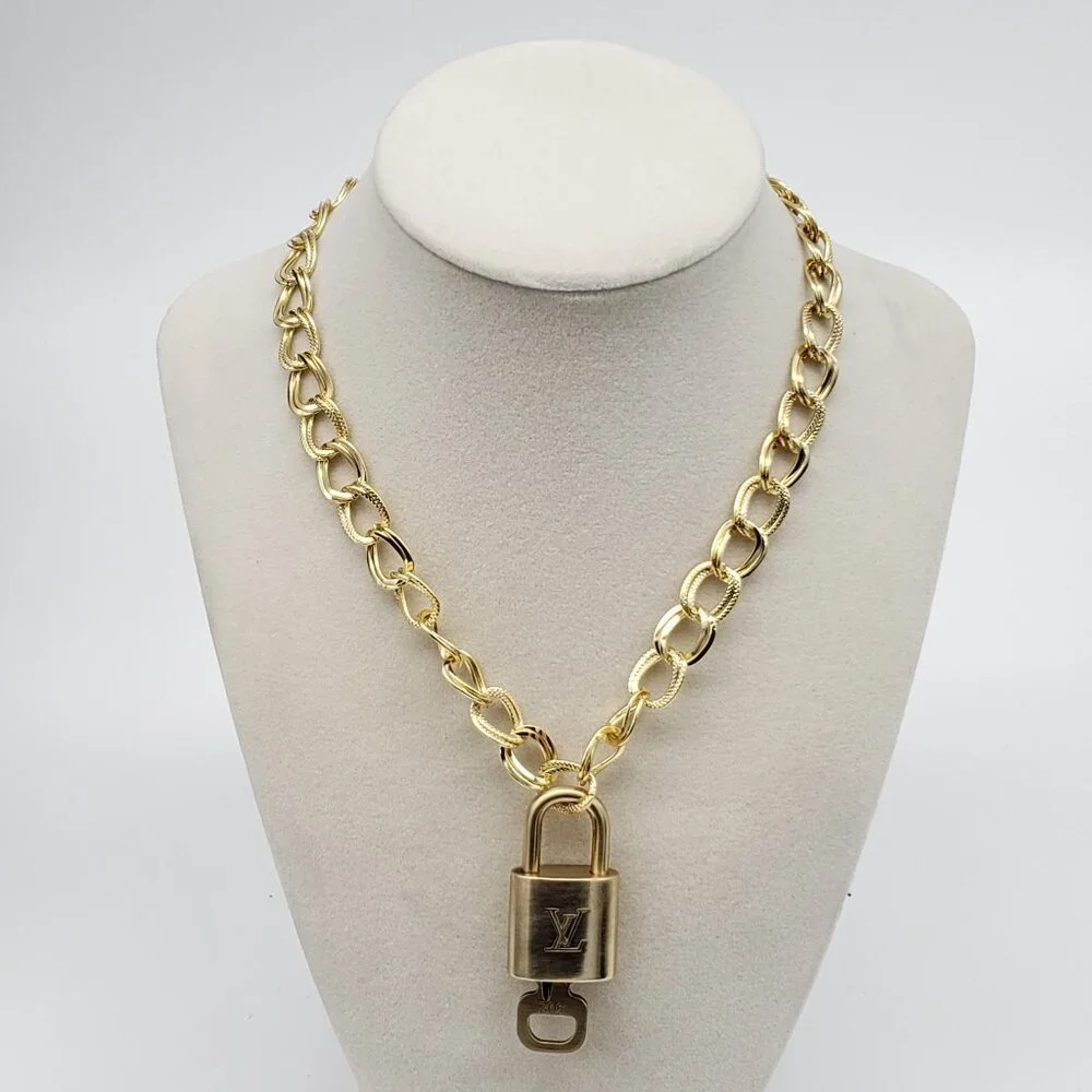 Authentic Louis Vuitton Gold Padlock w/ Unbranded Fashion Stainless Steel Chain